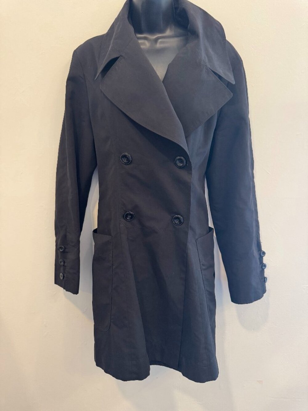Siena Size L Black Double-Breasted Lined Trench Coat